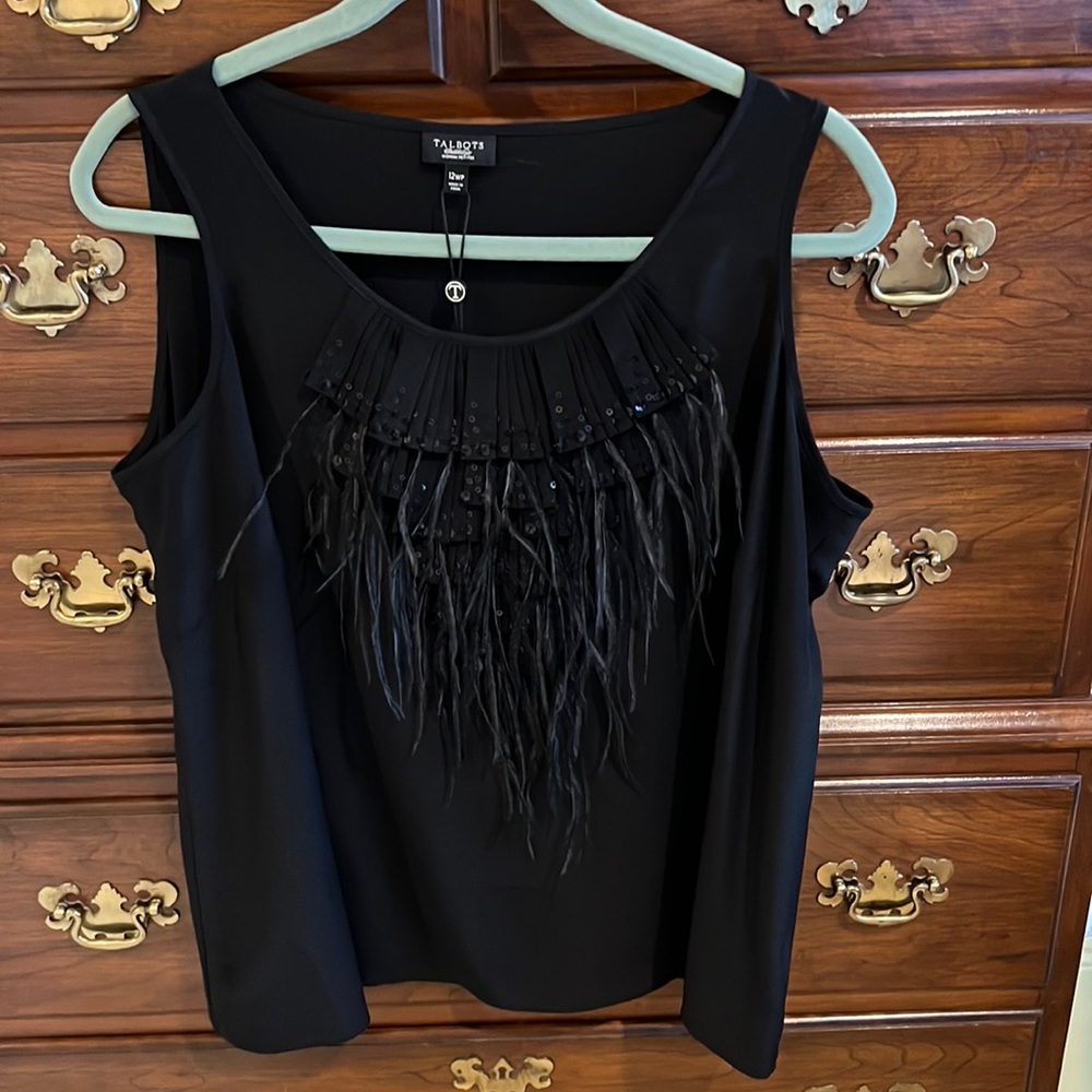 Black silk tank top with real feather and sequin trim. Talbots 12wp. NWT